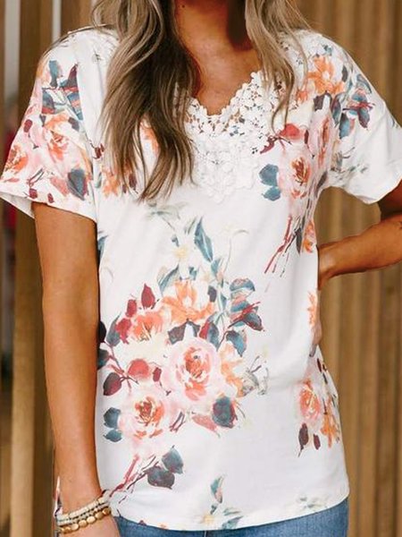 

Romantic Floral V Neck Loosen Short Sleeve T-Shirt, Flower, T-Shirts
