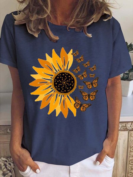 

Floral & Butterfly Print Women's Short Sleeve T-Shirt, Deep blue, T-shirts