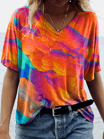 

V Neck Loosen Casual Short Sleeve T-Shirt, Multicolor, T-Shirts