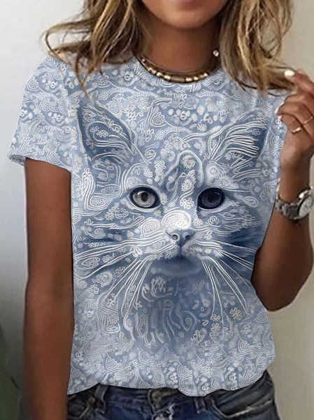 

Cat Print Casual Cotton Blends Short Sleeve T-Shirt, Blue, T-Shirts