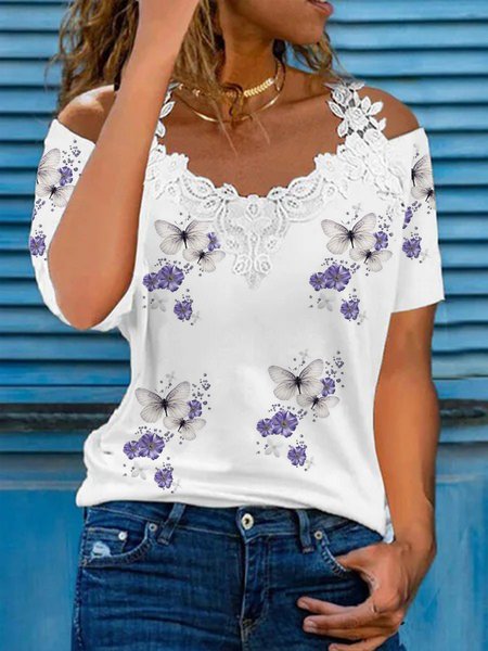 

Casual Lace V neck Butterfly Short Sleeve T-Shirt, White, T-Shirts