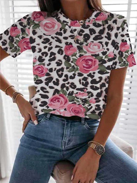 

Floral Leopard Round Neck Casual Loosen Short Sleeve T-Shirt, Flower, T-Shirts
