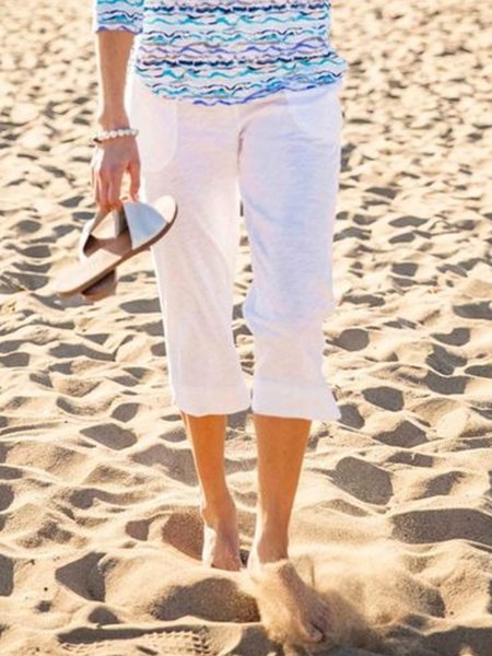 

Casual Solid Pocket Loosen Pants, White, Pants