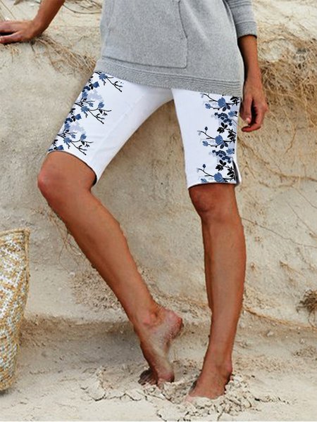 

Casual Floral Skinny Knight Shorts, White, Leggings