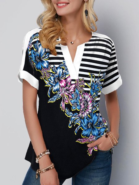 

Floral Striped Cotton Blends Loosen Short Sleeve Tops, Multicolor, T-Shirts