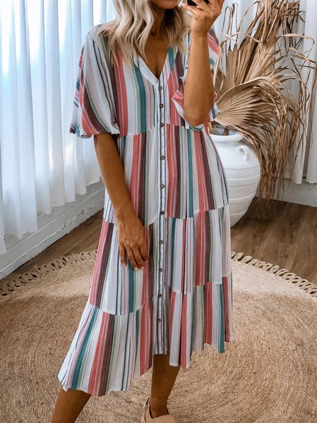 Striped Casual Buttoned Short Sleeve Woven Dress, Red, Dresses