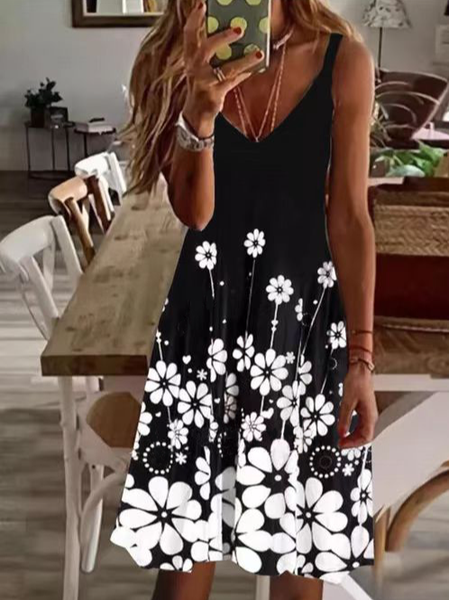 

V Neck Vacation Floral Knit Dress, Black, Mini Dresses