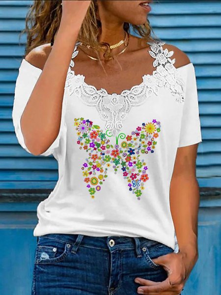 

V Neck Casual Short Sleeve T-Shirt, White, T-Shirts