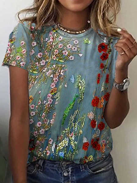 

Floral Crew Neck Cotton Blends Short Sleeve T-Shirt, Blue, T-Shirts