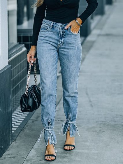 

Denim Vintage Slit Pockets Jeans, Blue, Bottoms