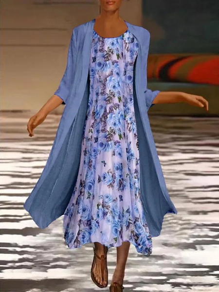 

Holiday leisure Flower Printed linen coat dress two-piece suit Plus Size, Lavender, Suit Set
