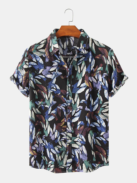 

Resort-Style Hawaiian Collection Of Abstract Floral Elements Lapel Short-Sleeved Printed Shirt Top, Multicolor, T-Shirts