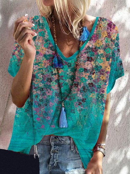 

Floral Short Sleeves V Neck Plus Size Casual Tops, Blue, T-Shirts