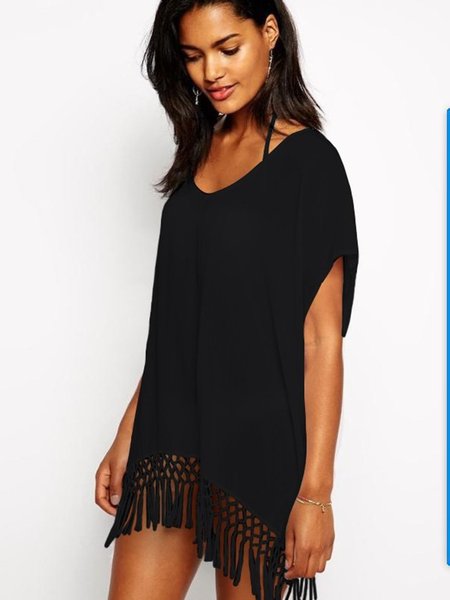 

Tassel Knot Chiffon Shirt Loose Doll Sleeves Beach Sun Protection Clothes Bikini Blouse Plus Size, Black, Swimwear