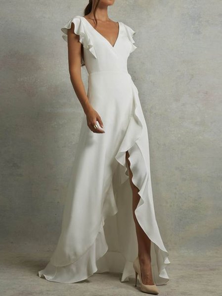 

Chiffon Slit Short Sleeve Asymmetric Slit women Dress, White, Formal Dresses