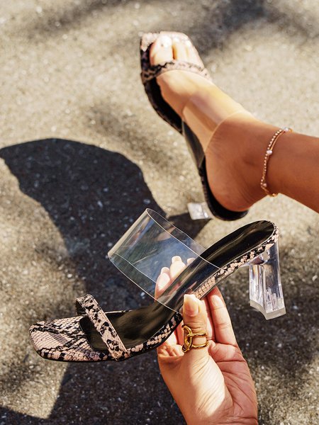 

Serpentine Sheer Strap Crystal Sheer Block Heel Sandals, Snakeskin, Slippers