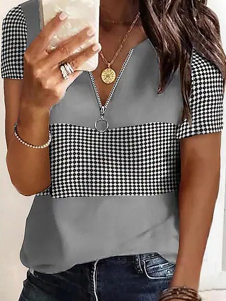 

Grid V Neck Vintage Short Sleeve T-Shirt, Black, T-Shirts