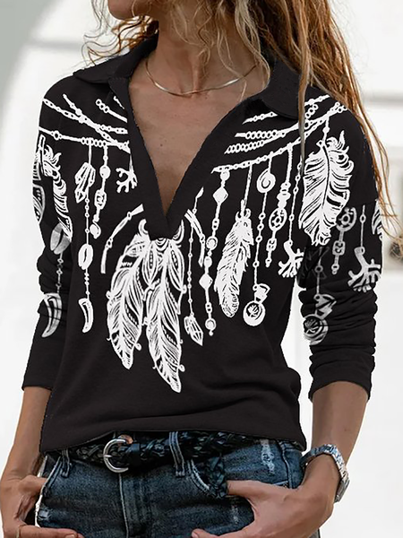 

Plus size Casual Long Sleeve Feather Printed T-Shirt, Black, T-Shirts