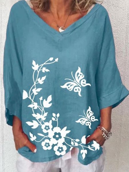 

Butterfly Floral 3/4 Sleeves V Neck Plus Size Casual Blouse Tops, Blue, Tops
