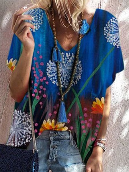 

Casual Cotton Blends Short Sleeve T-Shirt, Blue, T-Shirts