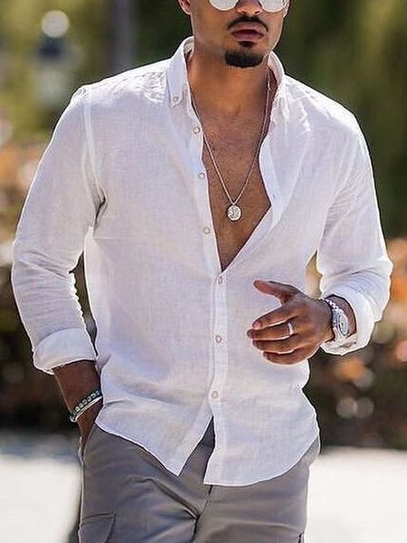 Linen Long Sleeve Shirt Collar Long Sleeve Shirt, White, Blouses&Shirts