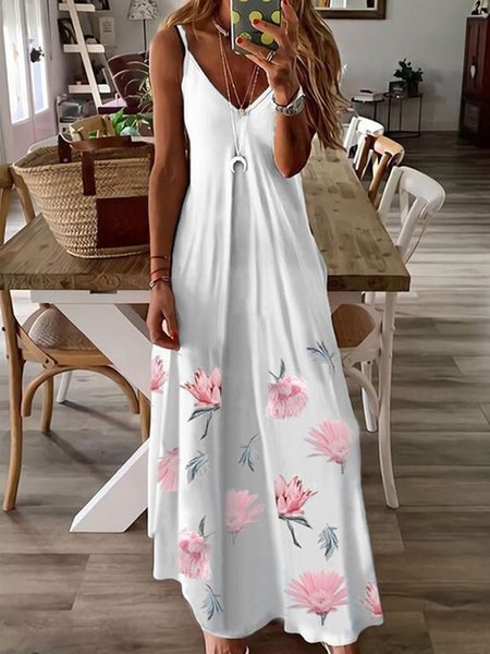 

Casual V Neck Floral Sleeveless Dress, White, Maxi Dresses