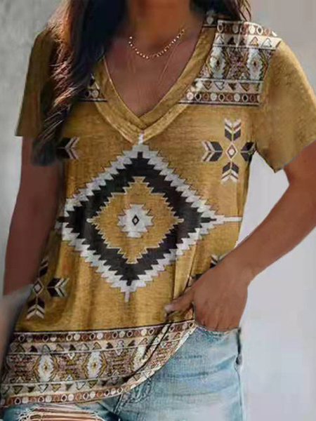 

V Neck Casual Tribal Short Sleeve T-Shirt, Yellow, T-Shirts