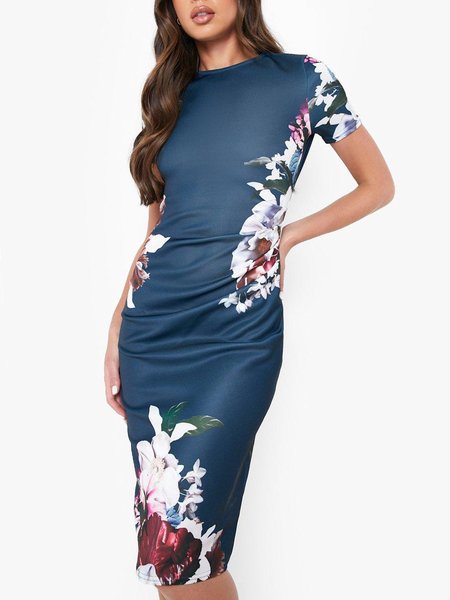 

Floral Elegant Short Sleeve Fitted Knit Dress, Blue, Midi Dresses