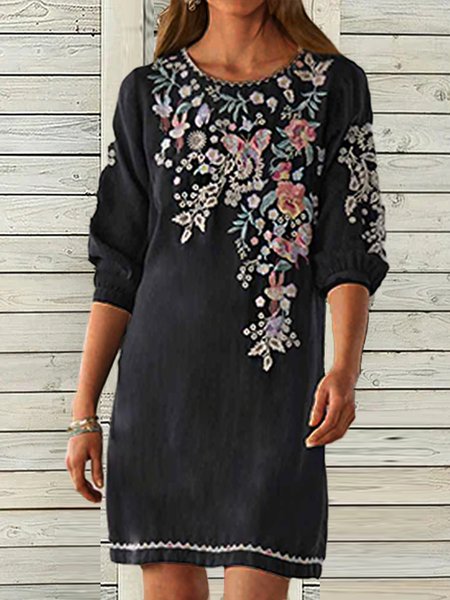 

Casual Crew Neck Long Sleeve Woven Dress, Black, Mini Dresses