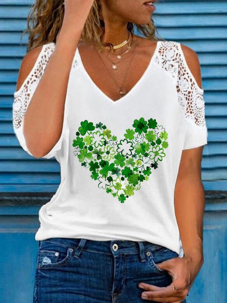 

Clover Heart Printed V Neck Casual Off The Shoulder Short Sleeve Loosen T-Shirt, White, T-Shirts