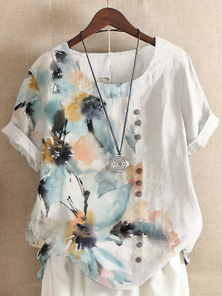 

Casual Floral Short Sleeve Tops, White, T-Shirts