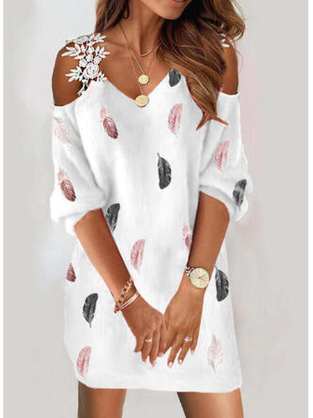 

Casual Cotton Blends Feather Short Sleeve Knit Dress, White, Dresses