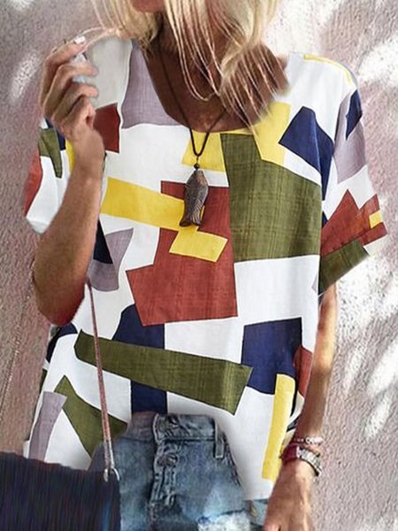 

Multicolor Geometric Short Sleeves U Neck Plus Size Casual Blouse Tops, Tops