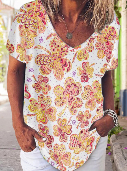 

V Neck Casual Floral Short Sleeve T-Shirt, White, Tees & T-shirts