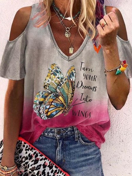 

Butterfly Ombre Short Sleeves V Neck Plus Size T-Shirt, Multicolor, T-Shirts