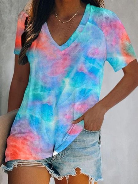 

Tie Dye Printed Casual V Neck Loosen Short Sleeve T-Shirt, As picture, T-Shirts