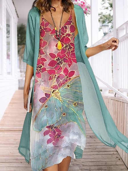 

V Neck Vacation Loosen Two Piece Sets, Multicolor, Suit Set