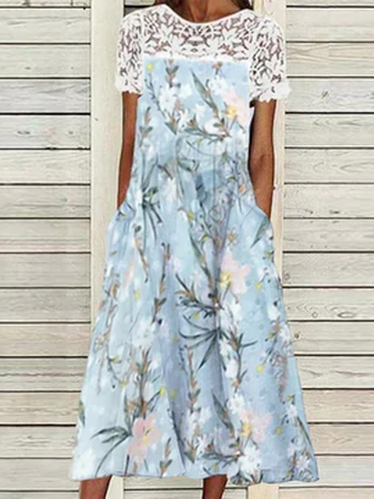 

Floral Boho Short Sleeve Women Dress, Blue, Midi Dresses