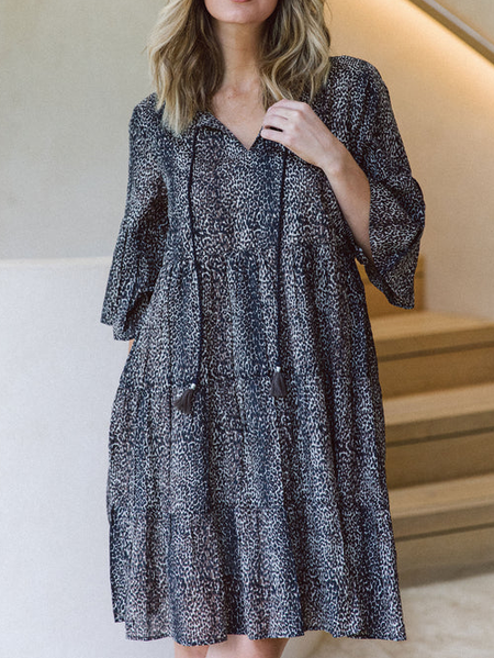 

Polka Dots Casual V Neck Short Sleeve Woven Dress, Black, Midi Dresses