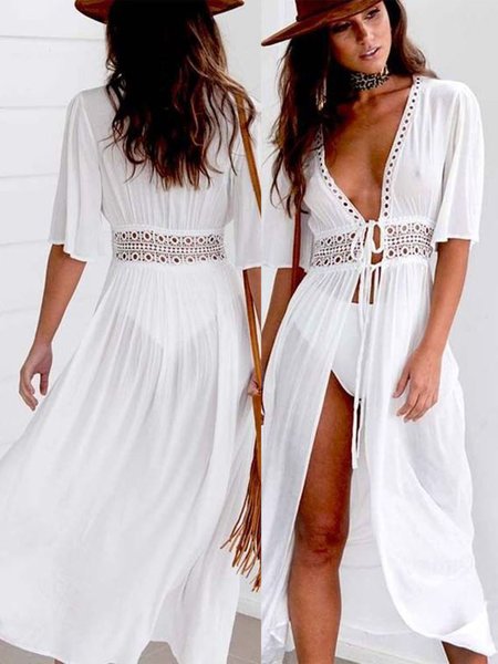 

Sexy Lace Patchwork Tie Long Beach Shawl Cardigan Bikini Blouse Plus Size, White, Swimwear