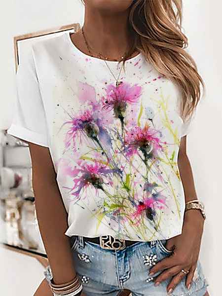 

Plus size Floral Casual Crew Neck Short Sleeve T-Shirt, White, T-Shirts