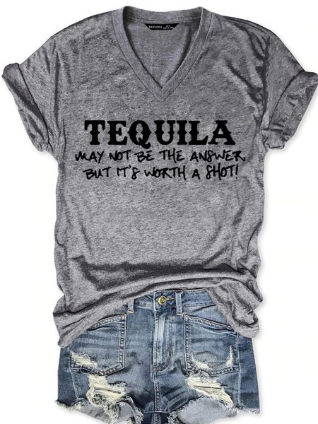 Funny Wine V Neck Letter Casual Short Sleeve T-Shirt, Gray, T-shirts