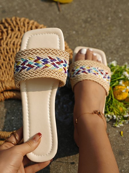 

Ethnic Pattern Woven Design Resort Slippers, White, Slippers