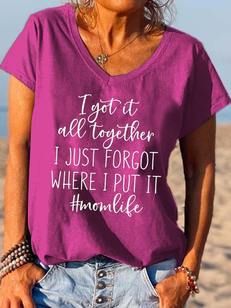 

Mom Life Funny Letter Print V-neck T-shirt, Rose red, T-shirts