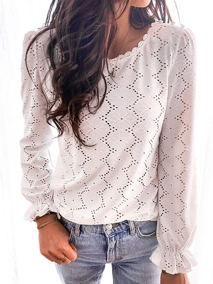 

Crew Neck Casual Long Sleeve Tops, White, Tops