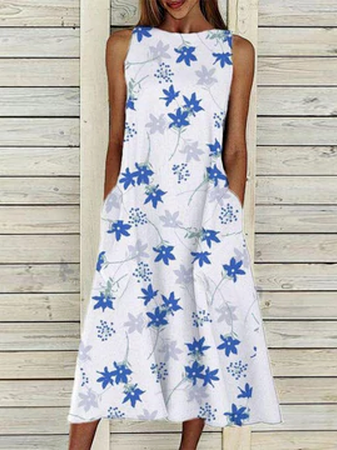 

Floral Loosen Crew Neck Boho Short Sleeve Women Dress, Blue, Dresses
