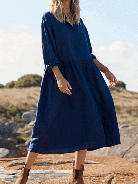

Simple Casual Loose Long Sleeve Shirt Dress, Blue, Midi Dresses
