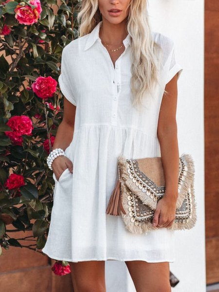 

Casual Short Sleeve Shirt Collar Plus Size Dress, White, Mini Dresses