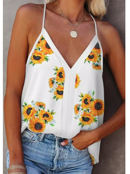 

Boho Casual Floral Loosen Women Tank, White, Tanks & Camis
