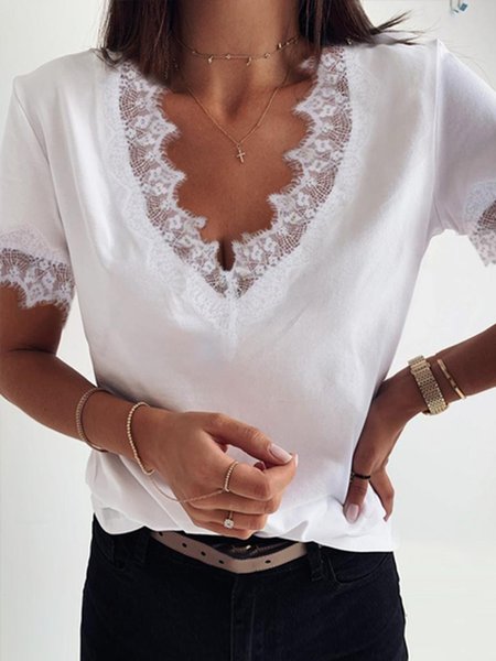 

Loosen Solid V Neck Short Sleeve Tops, White, T-Shirts